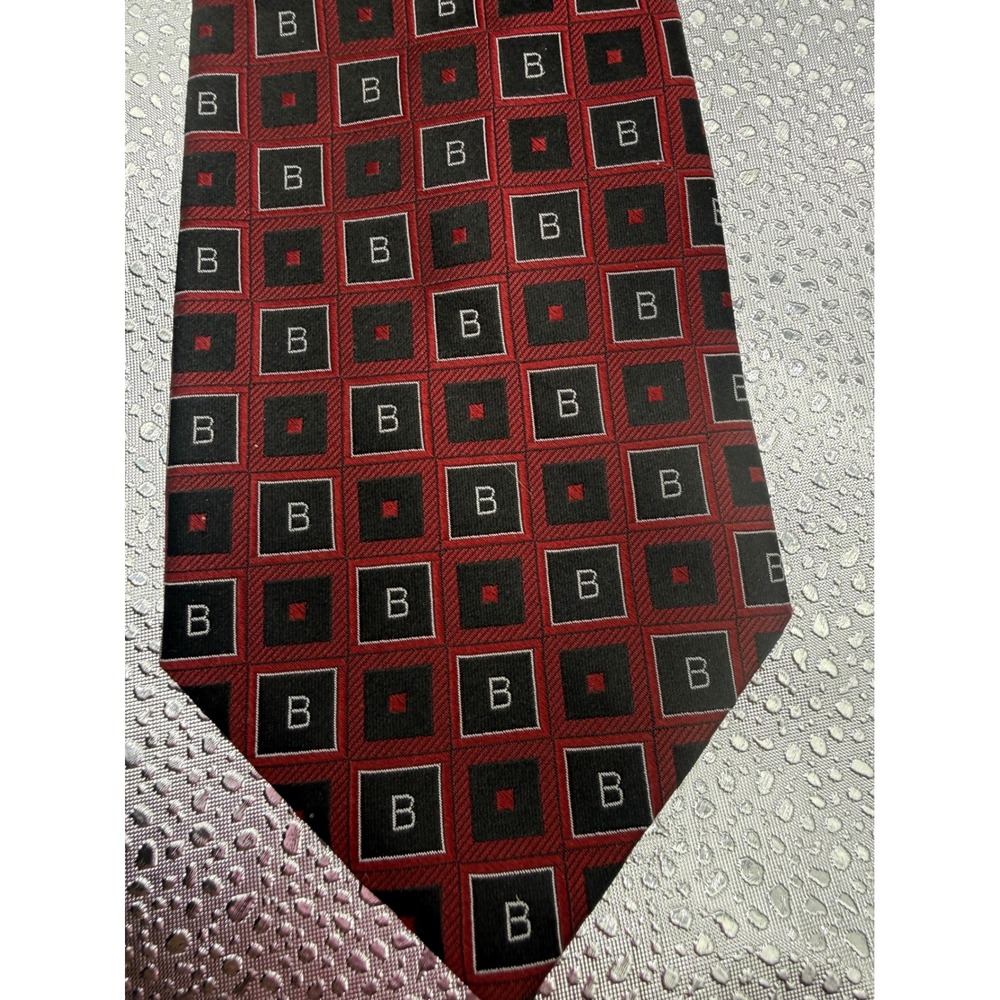 B Initial Silk Tie Mens Red Black Geometric Grid Pattern Stain Resistant 56x4